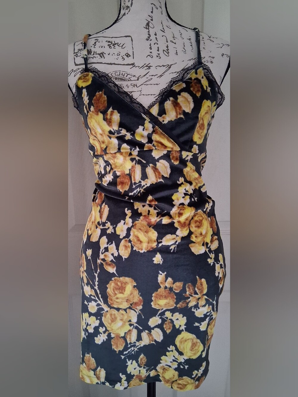 Urban Outfitters Black Slip Dress with Yellow Floral Print